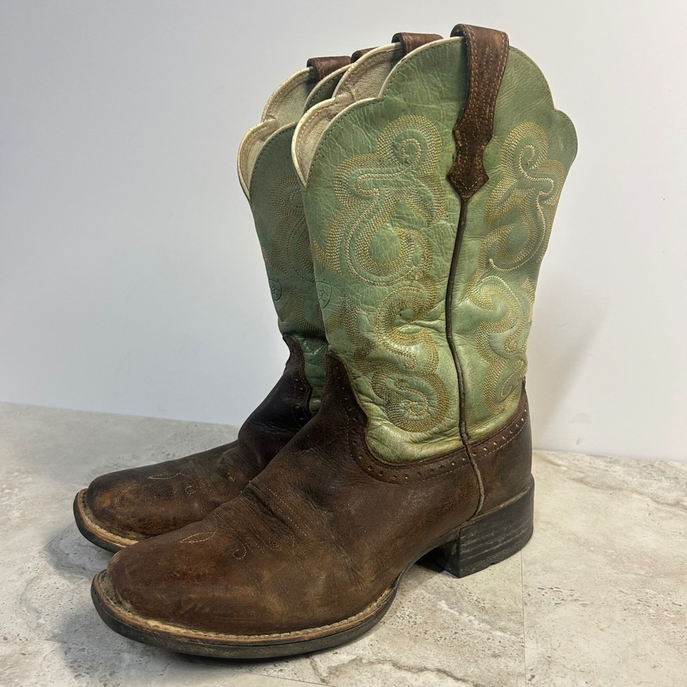 Ariat Western Cowboy Boots Brown Green Leather Womens Size 9B Square Toe